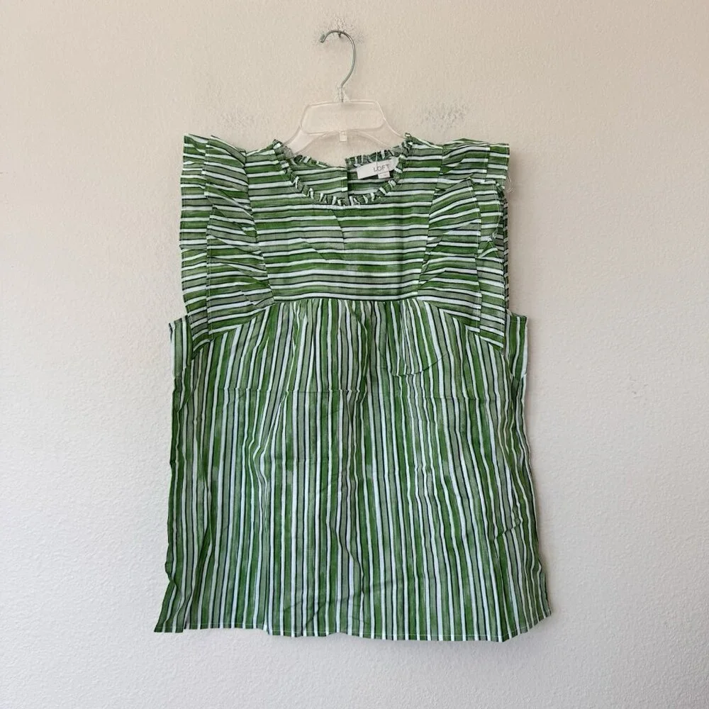 LOFT NWT Green White Striped Shirt Blouse Size Medium Ruffle Sleeves - Picture 9 of 9